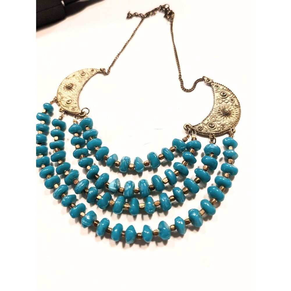 Vintage Turquoise Bead Layered Gold Celestial Moon Fairy Witchy Necklace